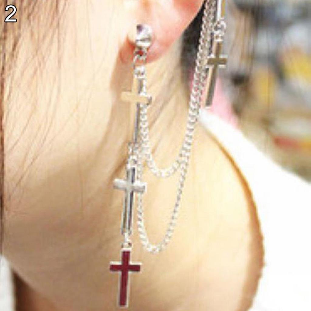 Gothic Punk Cross Long Tassel Chain Ear Cuff Stud Clip Earrings Fashion Jewelry ARI