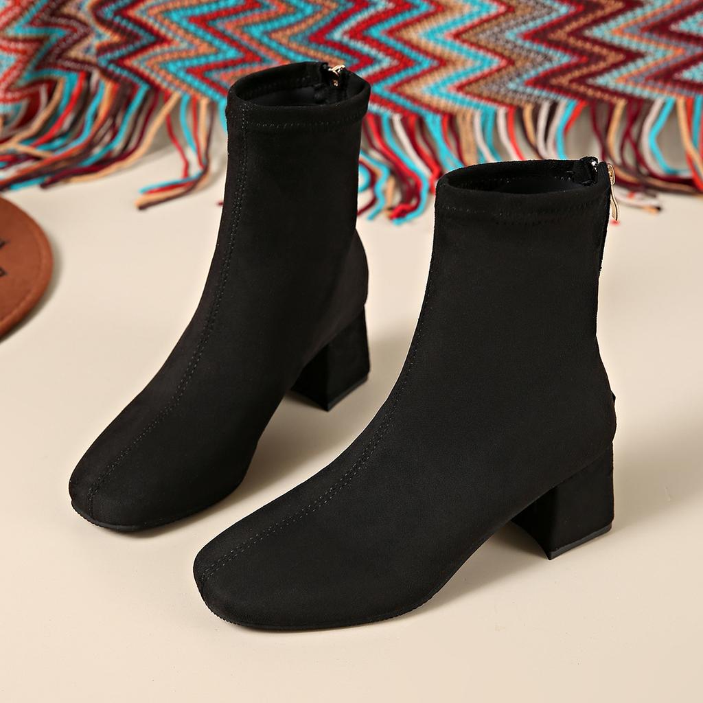 Leopard Print Square Head Thick Heel European and American Fashion Women's Boots Suede Autumn and Winter High Heel Short Boots Large Size Spot Medium