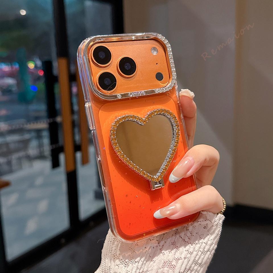 3D Зеркальный Алмазный Чехол для Телефона Для Для Iphone 1 14 12 13 16 17 Pro Max Официальный Градиентный Блестящий Блестки Сердце Защитный Чехол