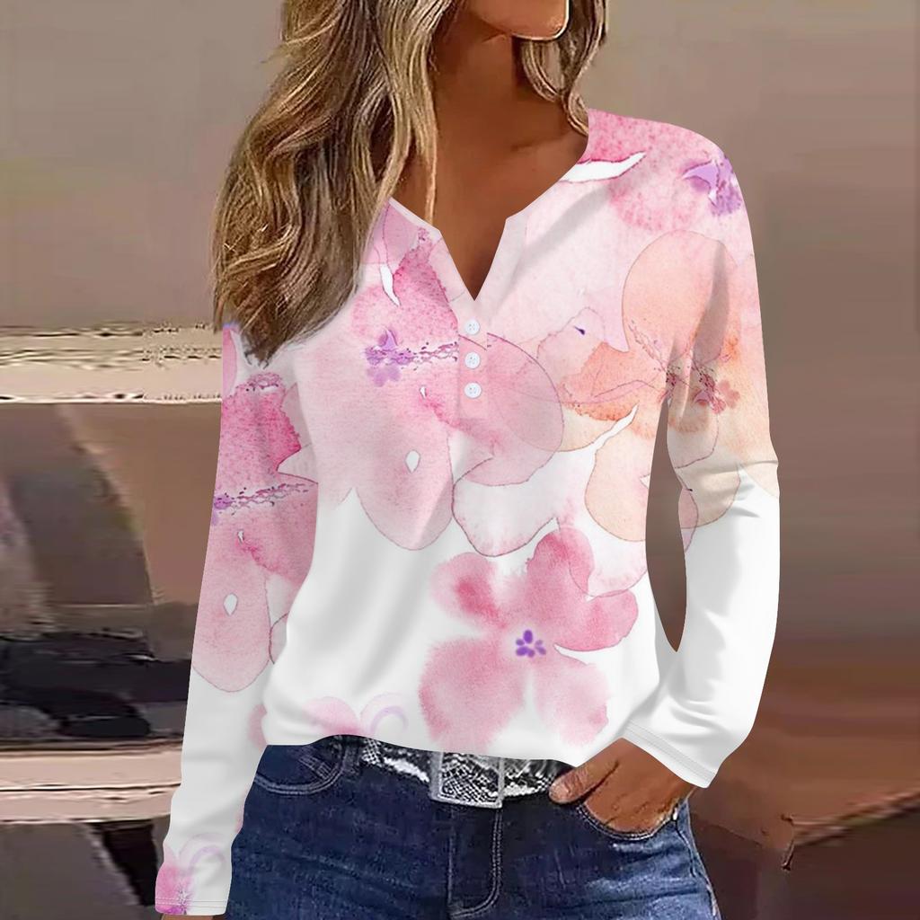 Женская модная повседневная футболка с v-образным вырезом и длинным рукавом с принтом, топ на пуговицах