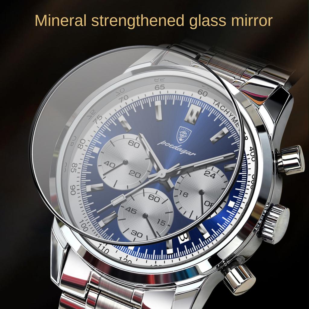 Роскошные новые мужские часы с ремешком из нержавеющей стали, многофункциональные кварцевые наручные часы с хронографом