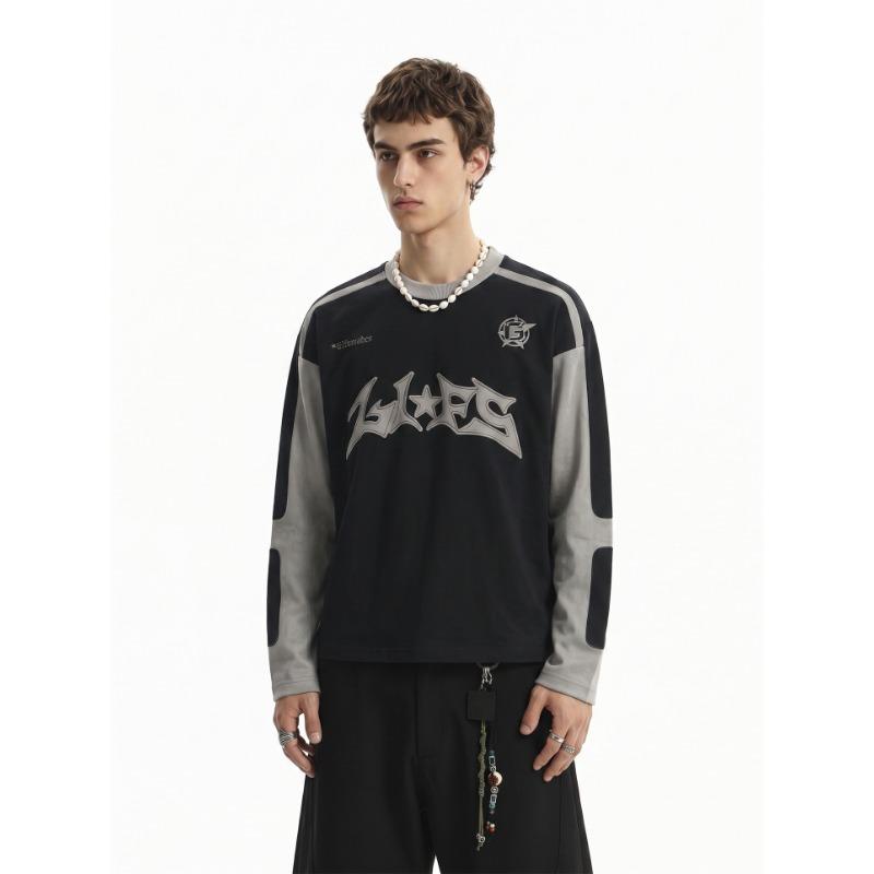 American High Street Men's Long Sleeve T-shirt Letter Color Block Suede Vintage Short Wide Top