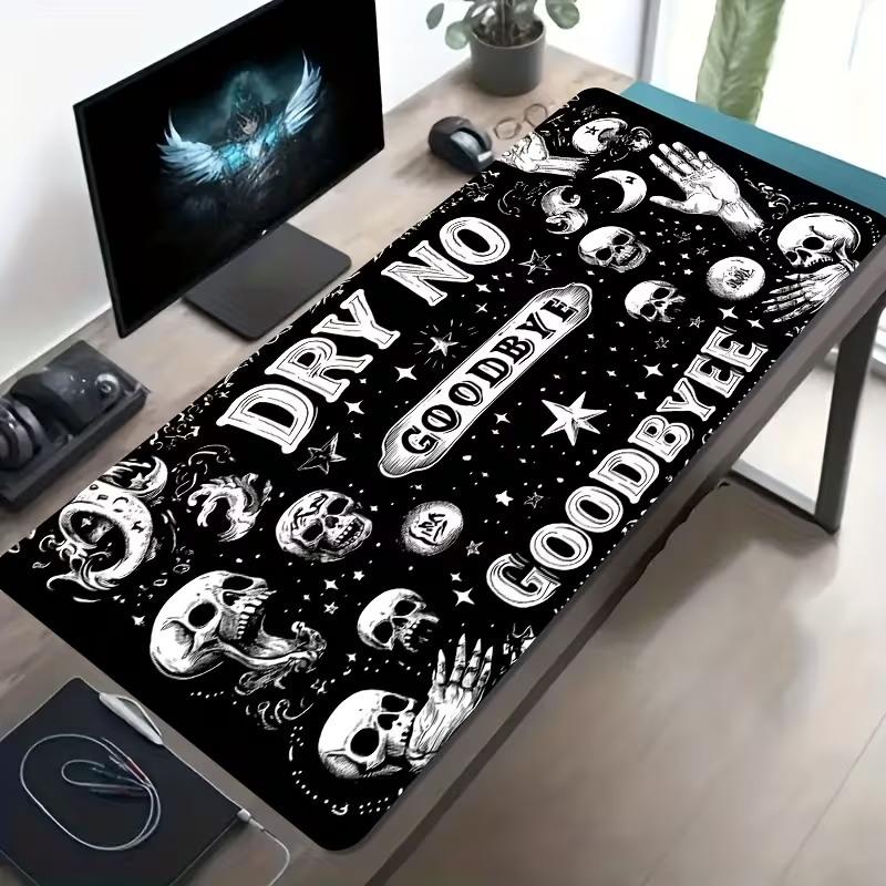 Large Black Desk Mat With Funny Skeleton Making Peace Sign, Anti‑Slip Gaming Mousepad For PC Setup