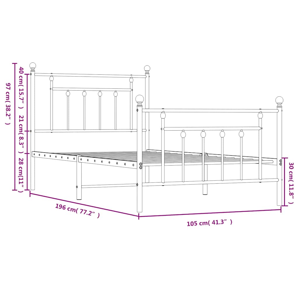 Metal Bed Frame with Headboard and Footboard Black 100 x 190 cm
