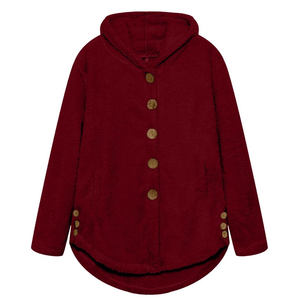 Женская свободная повседневная однотонная плюшевая куртка с капюшоном и длинными рукавами на пуговицах, модная куртка
