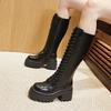 Thick-soled Knight Boots Women's 2025 Autumn and Winter New Black Heightening Boots Versatile Lace-up Boots Fashion Women's Boots Trend