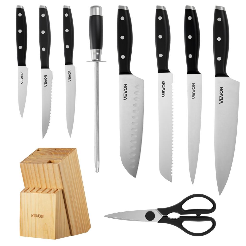 VEVOR Kitchen Knife Set with Block and Sharpener, 15 Piece High Carbon Stainless Steel Sharp Knife Set, Kitchen Cutlery with Ergonomic Handle
