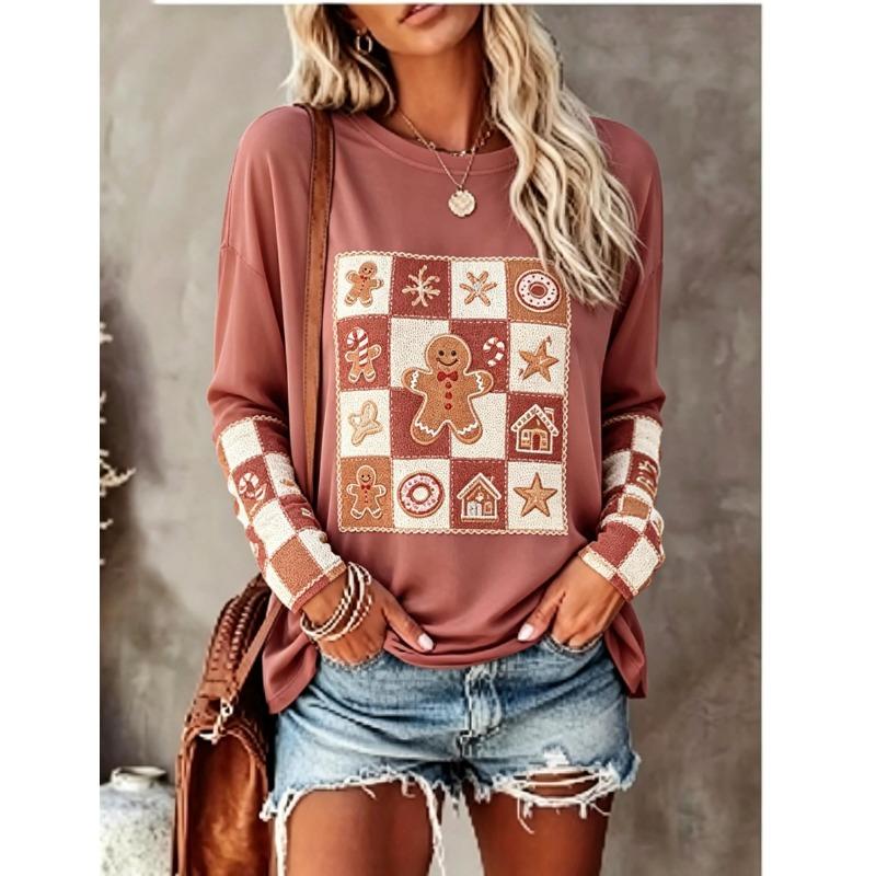 Women Long Sleeve T Shirt Fox Rabbit Patchwork Grid Pinecone Berry Snowflake Print Crew Neck Casual Fall Tops