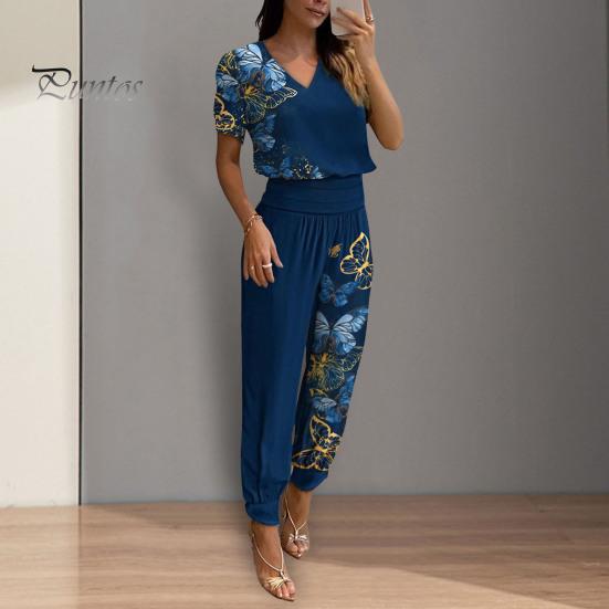 2Pcs/Set Chic Short Sleeve Shrinkable Cuffs Loose Outfit Lady Short Top Long Wide Leg Sweatpants Set Streetwear