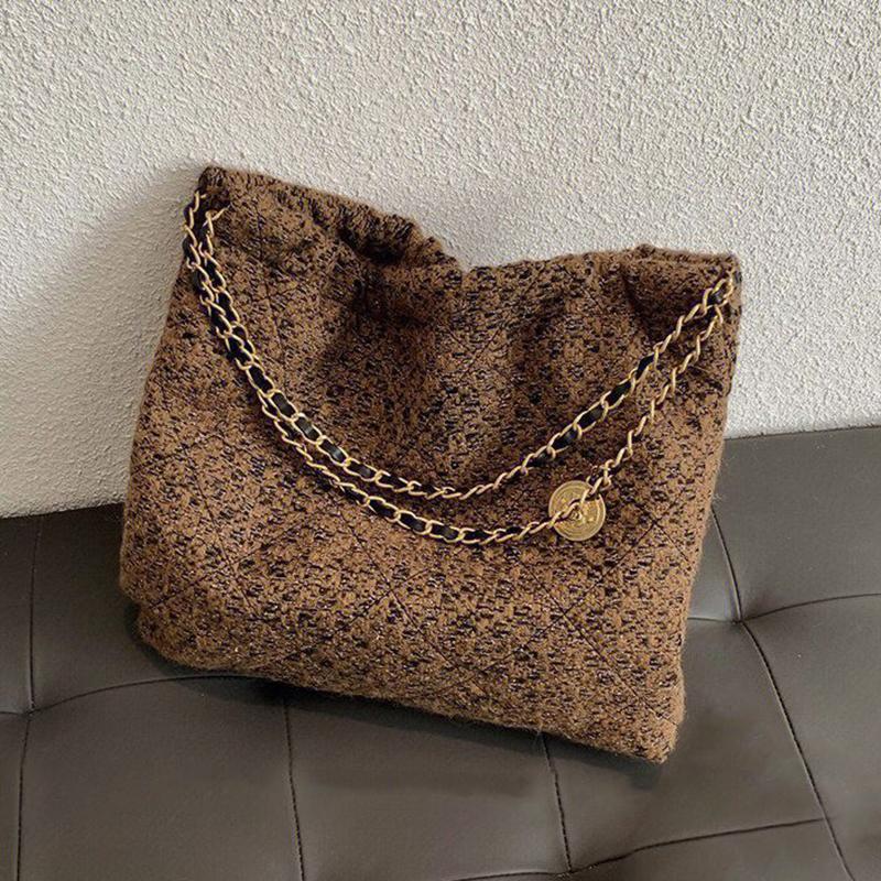 Вместительная сумка-тоут из коричневого твида с цепочкой, минималистичный стиль, для поездок на работу и повседневного использования, прочная ручка, наплечная сумка KTY
