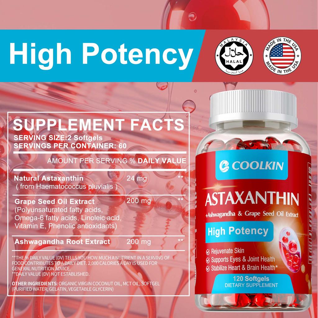 Astaxanthin 24mg-Ashwagandha,Grape Seed Oil-Vision Health,Heart & Joint Support