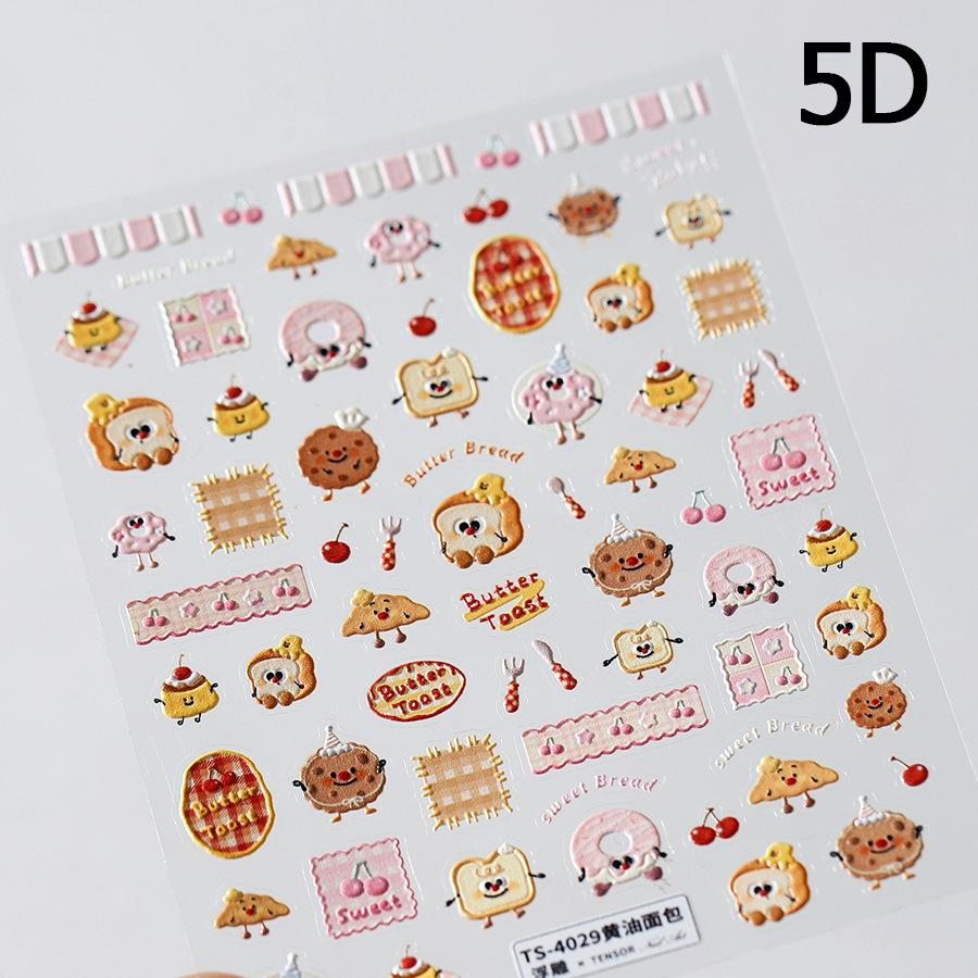 Cartoon Cute Bear Pudding Pretzel Bread Croissant Cookies Shiny 3D Self Adhesive Nail Art Stickers Bakery Lovely Manicure Decals