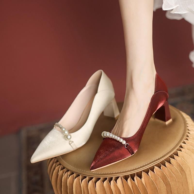 Shoes for Women 2024 Red High Heels Ladies Summer Footwear Sexy Pumps Bride Pearl Wedding Shoe On Heeled Beau Today Lastest A E