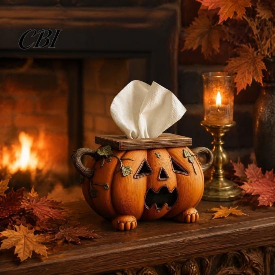 Functional Holiday Decor Halloween Pumpkin Tissue Box, Resin Decorative Facial Dispenser, Table Creative Paper Towel Holder for Kitchen Counter Party