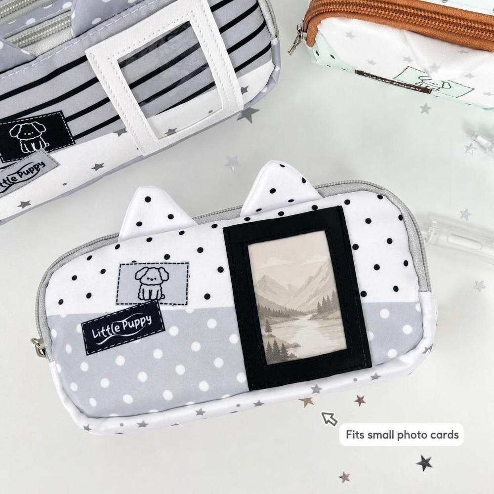 with Photo Window Pencil Case Polka Dot Puppy Print Stationery Bag Pencil Pouch  School Supplies