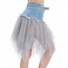 Women Denim Mesh Patchwork Skirt High Waist A Line Asymmetric Frill Tulle Gothic Chic Skirts
