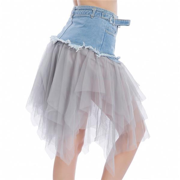 Women Denim Mesh Patchwork Skirt High Waist A Line Asymmetric Frill Tulle Gothic Chic Skirts