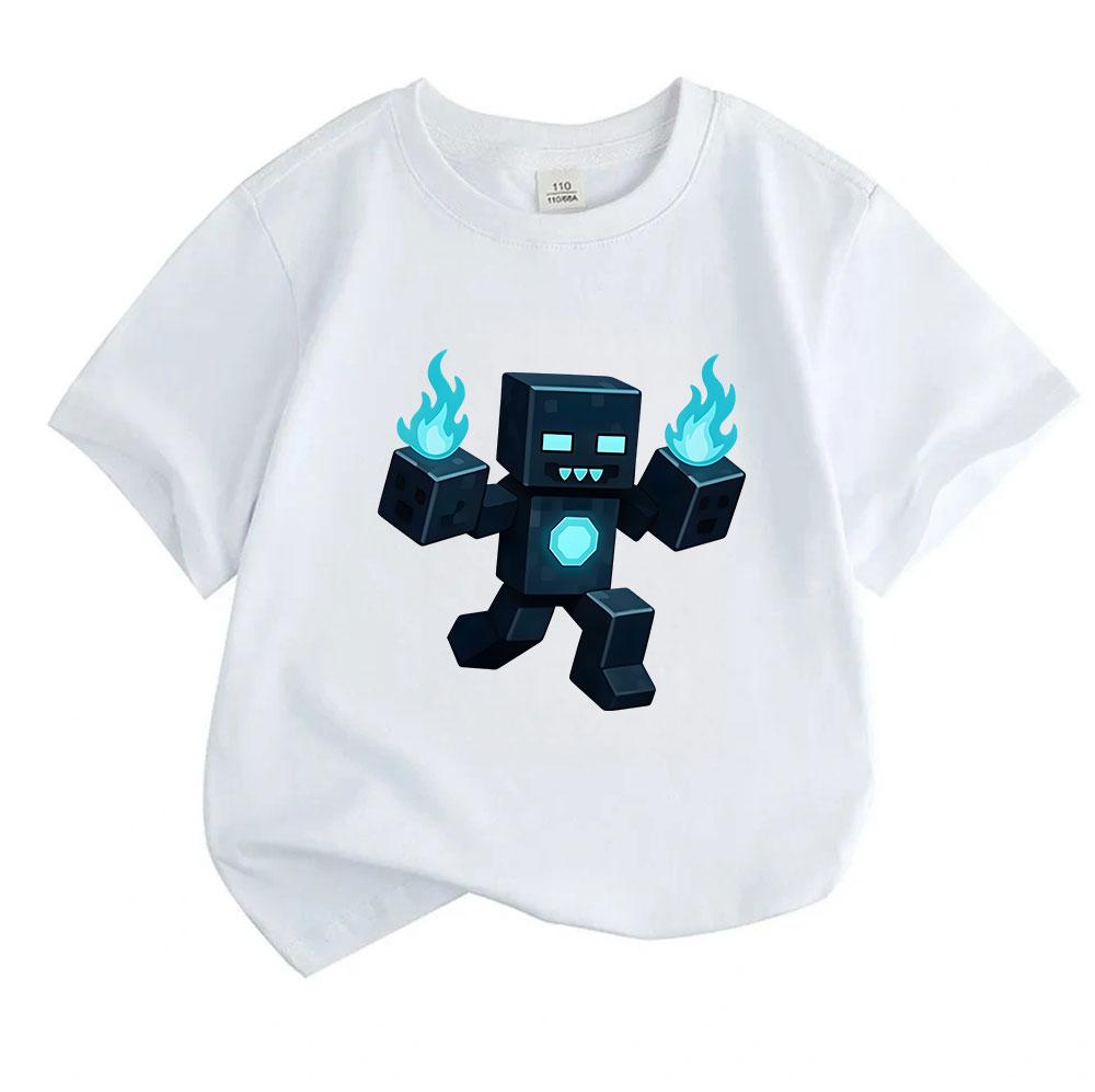 Kids Boys Girls Crew Neck Short Sleeve 100% Cotton T-Shirt, Cool Pixel Blue Fire Robot Print Casual Tees for Daily Wear, Cute Block Character Pattern