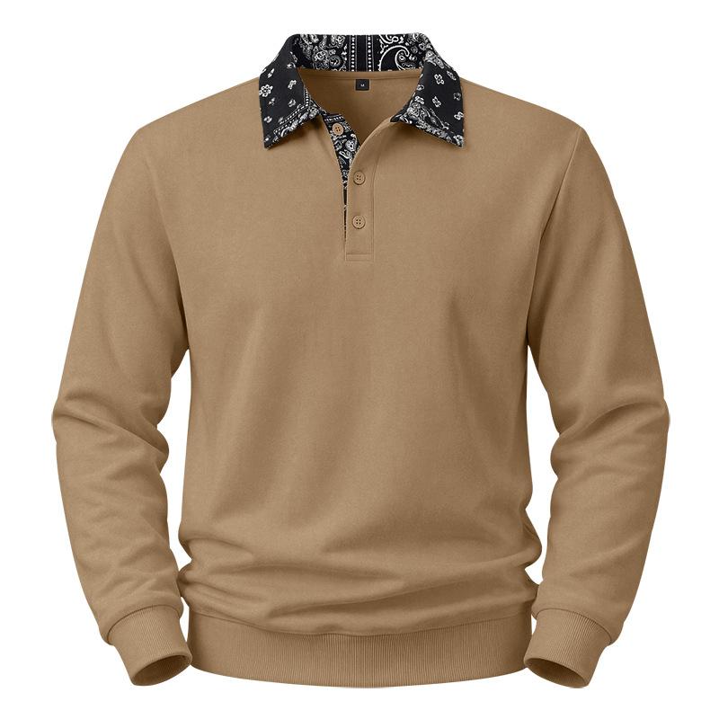 Mens Paisley Pattern Fleece Long Sleeve Polo Shirt American High Street Style