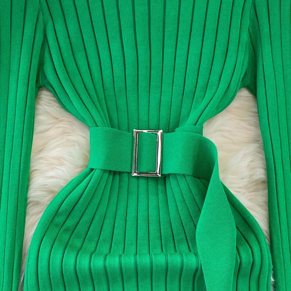 Шикарное элегантное облегающее платье с высоким воротником и длинными рукавами и поясом, пикантное модное вязаное платье, тонкий осенне-зимний свитер-карандаш, халат