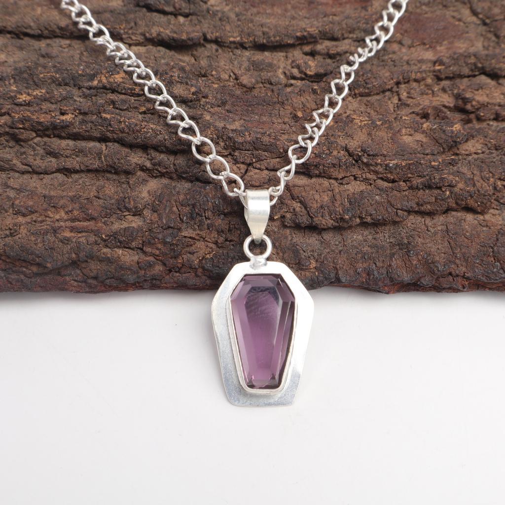 Coffin Amethyst Gemstone 925 Silver Daughter Gift Art Deco Handcrafted Pendant PP-53-2