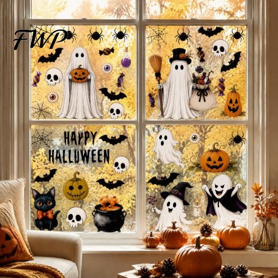 PVC Window Decal 6 Sheets Halloween Clings, Spooky Ghost Pumpkin Bat Wall Sticker Sticker, Reusable Static Glass Decals for Holiday Party Home Decor