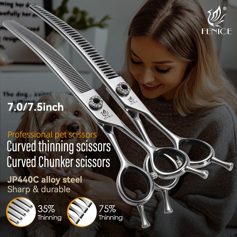 Fenice CIQ Professional 7.0/7.5 Inch JP440C Dog Grooming Scissors Curved Chunker /Thinning Scissors for Dogs Cats and Other Pets