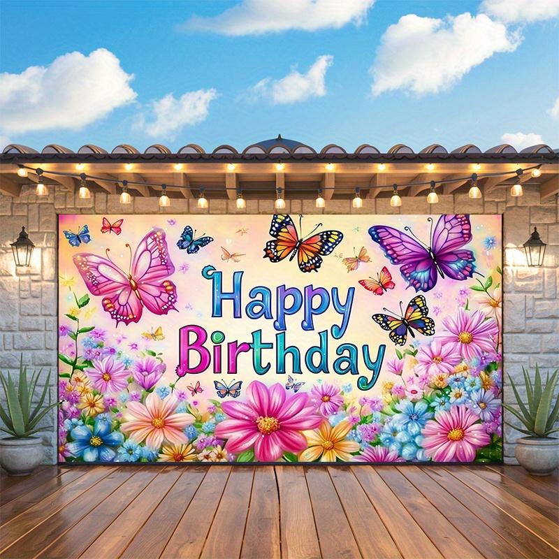 Butterfly Flower Birthday Backdrop 1pc - Polyester Party Decor