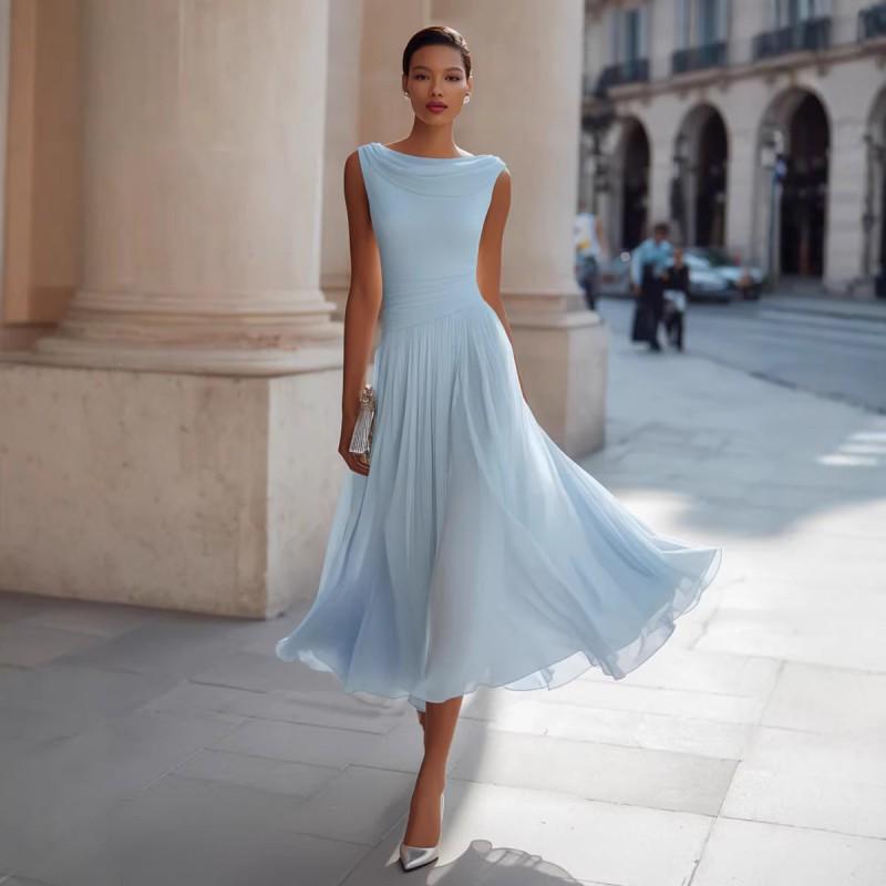 2026 Elegant Party Wrap Neck Knit Midi Dress - Solid Color A-Line Sleeveless Casual Women