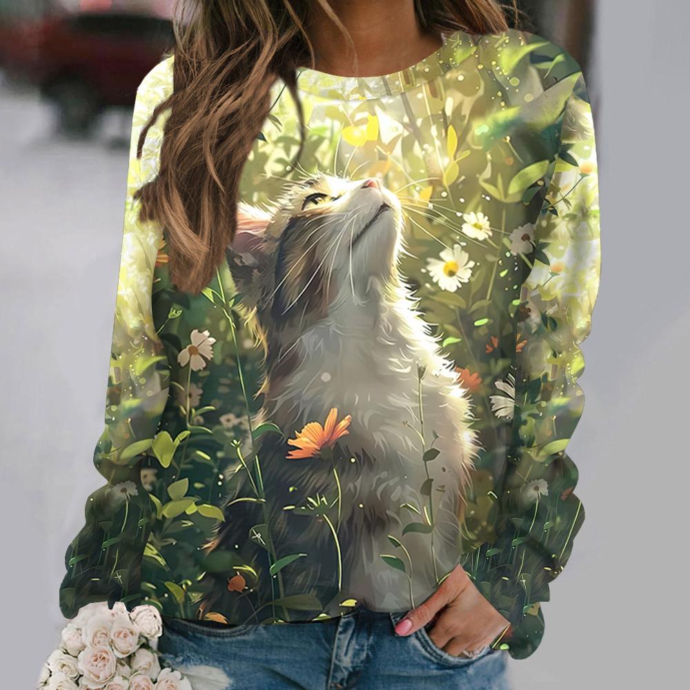 Women's T Shirts 3d Print Art Design Cat Pattern Long Sleeve Daily Weekend Fashion Funny Round Neck Regular Fit Spring & Fall