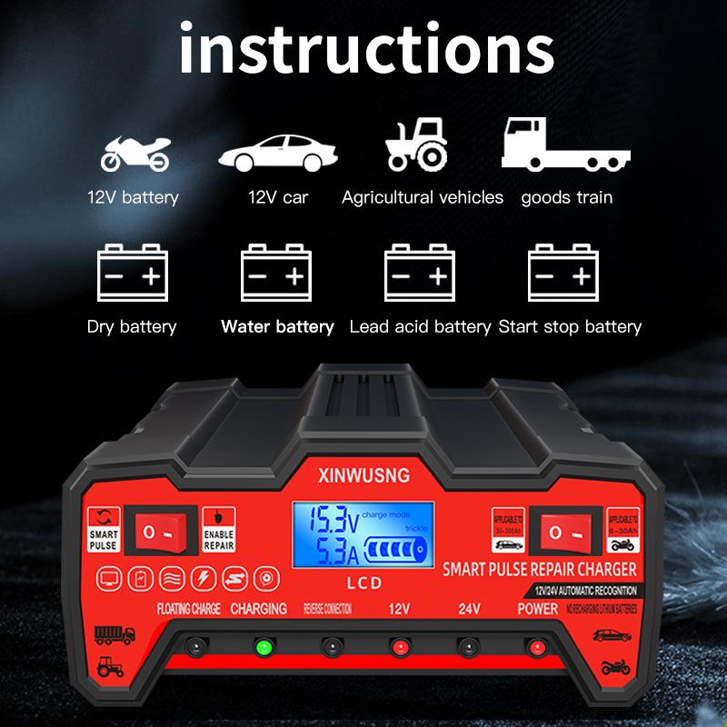 Зарядное устройство для мотоциклетного аккумулятора 12-24 В: Интеллектуальное импульсное восстановление из чистой меди с высокой мощностью