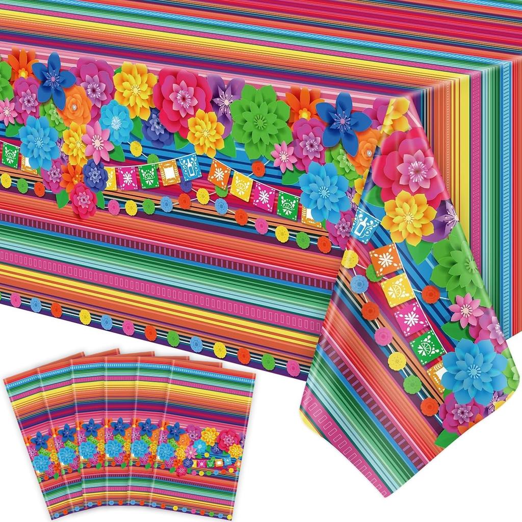 4 Pcs Mexican Fiesta Tablecloth Cinco De Mayo Plastic Table Cover Mexico Colorful Striped Paper Flower Table Cloth Mexican Holiday Theme Rectangle