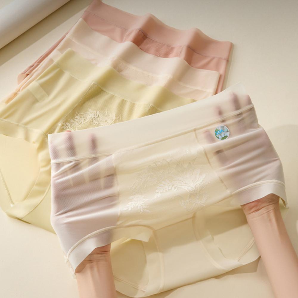 Antibacterial Ice Silk Seamless Women's Underwear High Waisted Jacquard Lace Breathable Plus Size Silk Antibacterial Crotch Triangle Pants