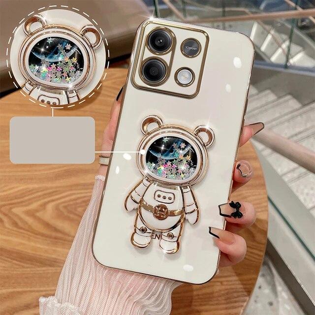 Чехол с 3D зыбучим песком и космическим медведем для Redmi Note 13 4G 5G, гальванический мягкий силиконовый милый чехол-кронштейн для Xiaomi Redmi Note 13 Pro Plus 12 Pro 11 10