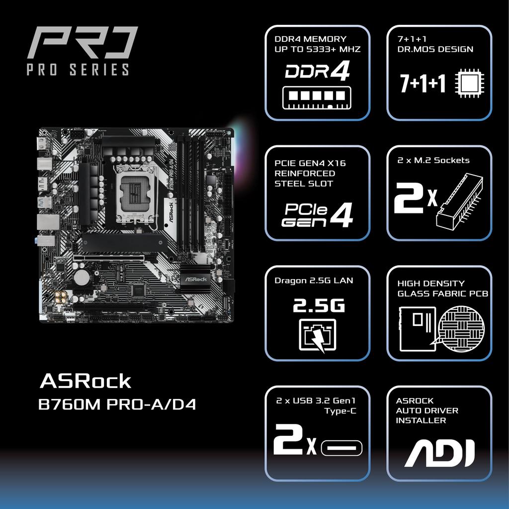 ASRock Motherboard B760M Compatible with Intel 12th and 13th Generation CPU B760 Chipset DDR4 Micro ATX Motherboard Authorized Distributor Pro-A/D4