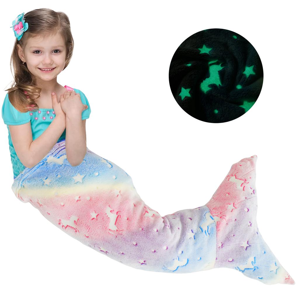 Flannel Mermaid Sleeping Bag Super Soft Luminous Mermaid Blanket Flannel Girls Mermaid Tail Blanket Gifts for Girls 3 to 6 Years