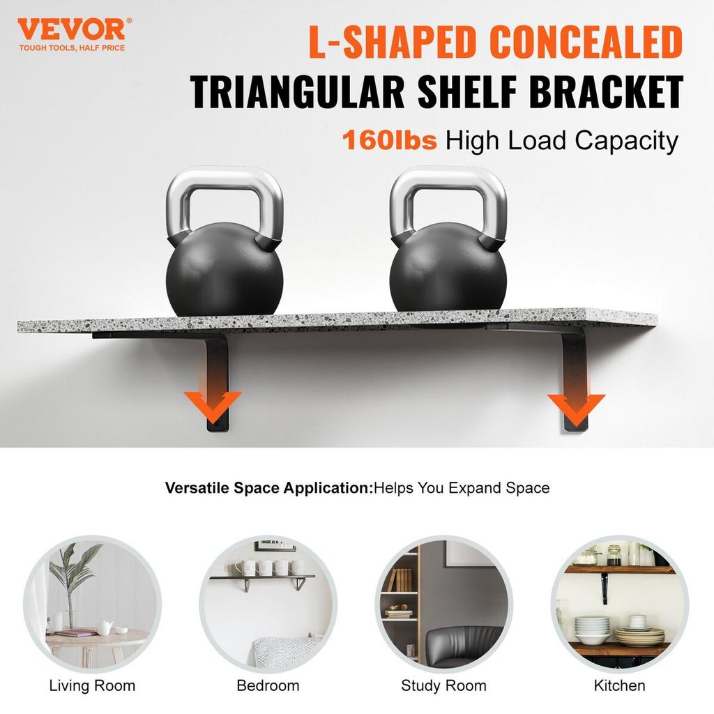 Shelf Bracket, 16 x 6 in 4 Pcs, Heavy Duty Floating Shelf Brackets, Brackets for Shelves, 10mm Thick Matte Black L Shelf Bracket,Steel Shelving