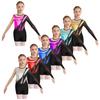 Kids Girls Gymnastics Figure Skating Outfit Patchwork Leotard Mesh Long Sleeve Keyhole Back Bodysuit with Shorts