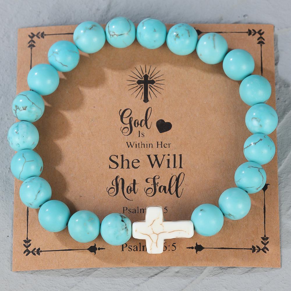 Религиозный крестовый браслет для женщин и мужчин, натуральный камень, эластичный браслет из бисера, молитвенный браслет с карточкой