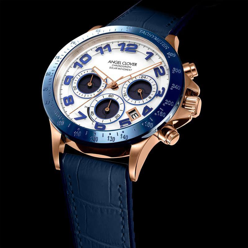 Angel Clover LUCE SOLAR Solar Movement Chronograph Water Resistant for Everyday LUS44PWHNV Watch, Use, Men's,