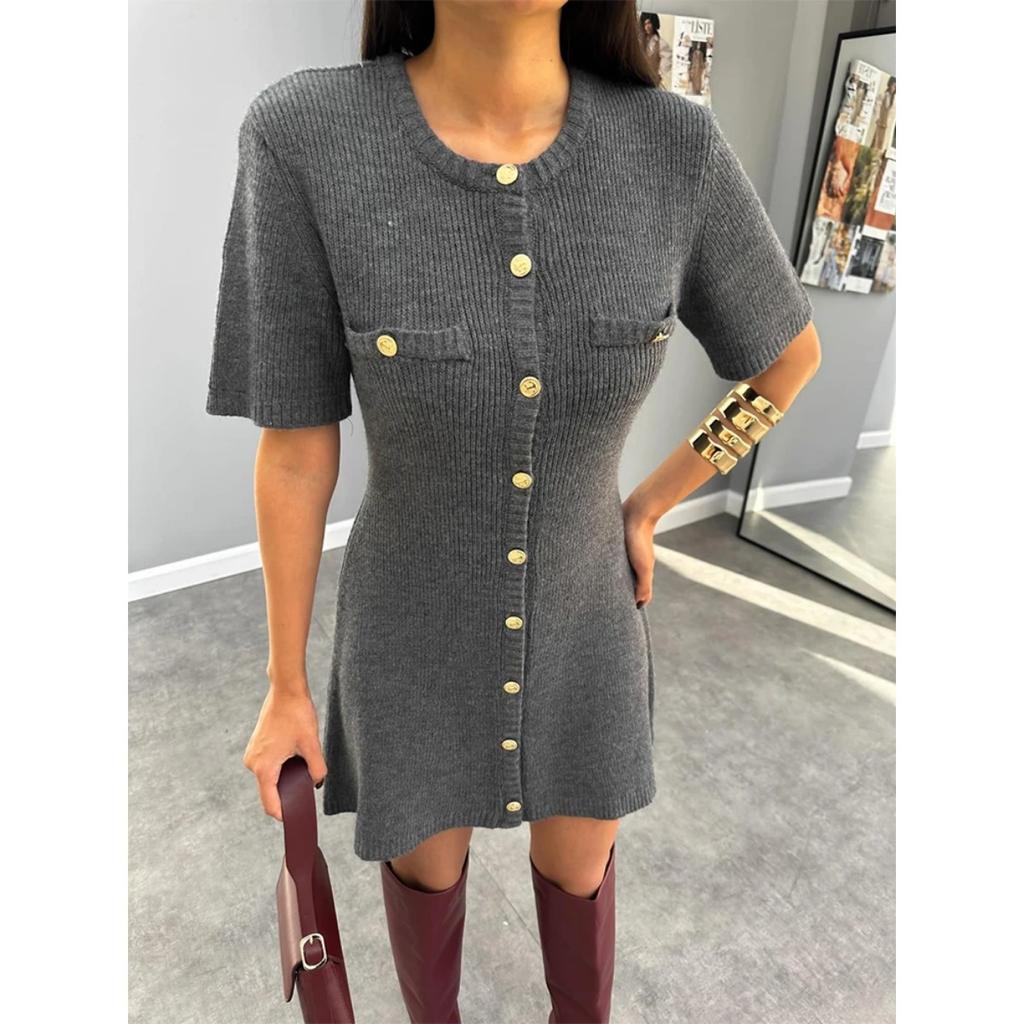 Elegant Knit Mini Dress Women Street Slim High Waist Short Sleeve Rib Sweater Dresses Vacation Bodycon Knitwear Dress