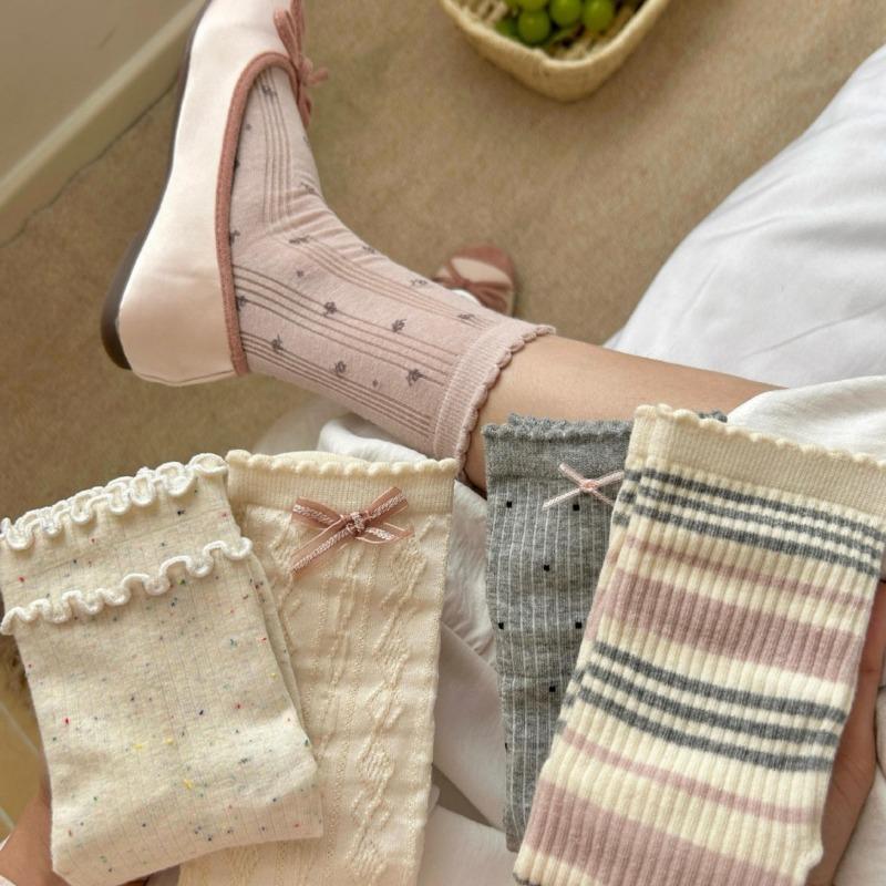 Женские весенне-осенние милые светло-розовые носки-гольфы без косточек с бантом