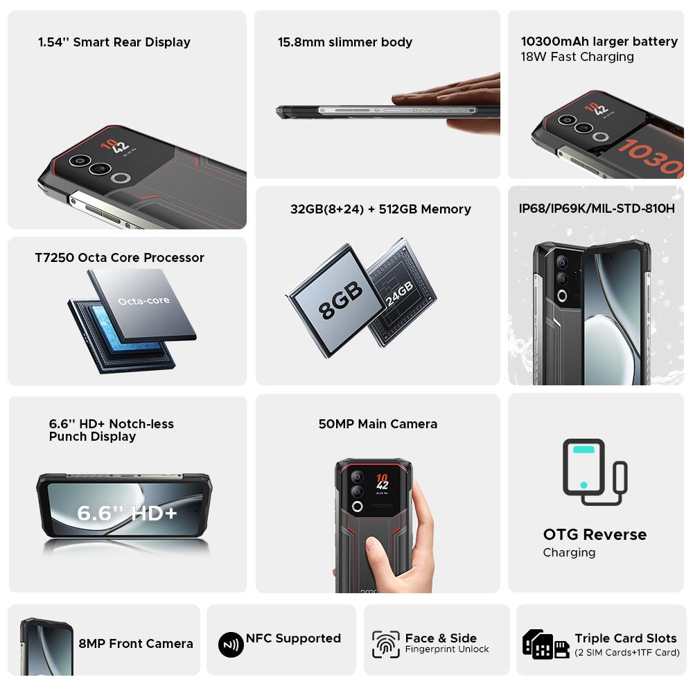 Doogee Прочный смартфон Blade20 Ultra, 32 ГБ + 512 ГБ, 1,54-дюймовый задний экран, 10300 мАч, 50 МП, 6,6-дюймовый HD+, 3 слота для карт/NFC/IP68