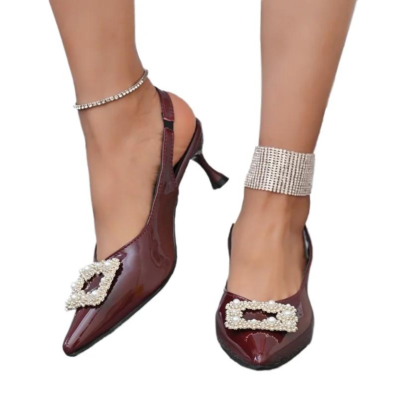 Модная женская обувь 2025 Слипоны Женские туфли на высоком каблуке Модные туфли с бусинами Офисные и карьерные Новые Большой размер Бестселлер Босоножки с закрытым носком