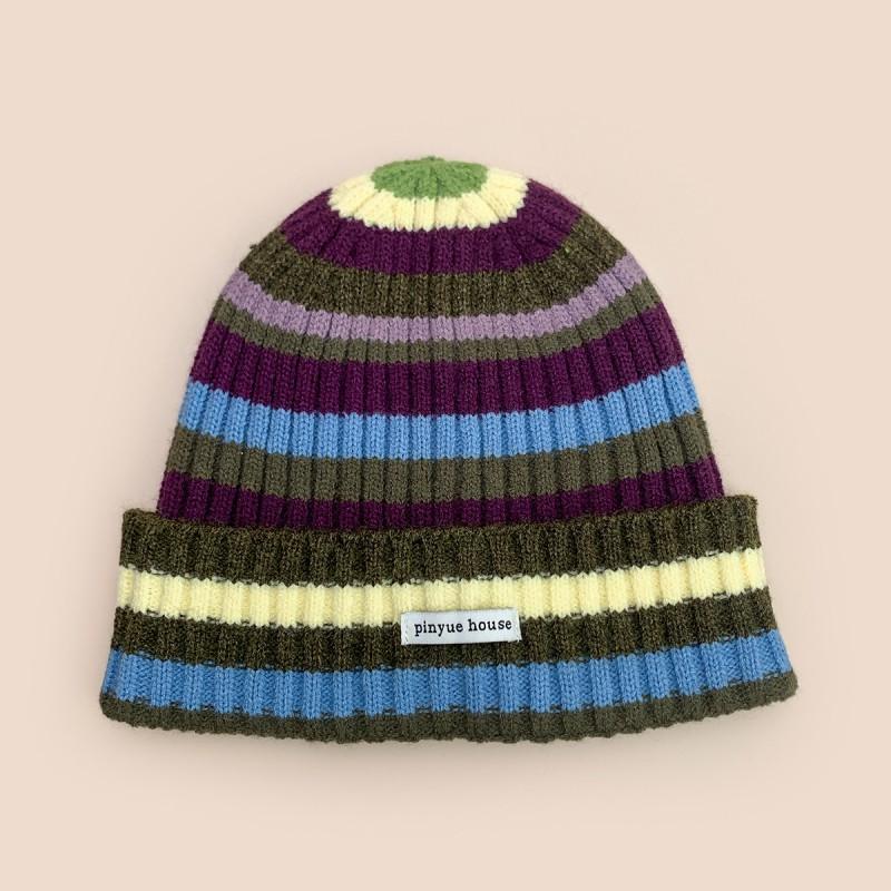 Winter Striped Letter Patch Beanie Hat Men Women Warm Casual Versatile Knit Cap