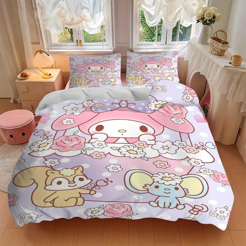 3 шт. Комплект постельного белья с рисунком My Melody и маленьких животных, 1* Пододеяльник + 2* Наволочки, Печатный комплект постельного белья, Мягкий и удобный. W068
