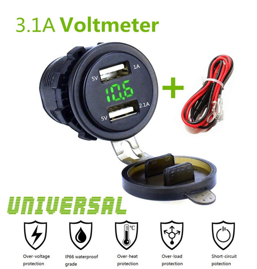 Car Motorcycle 3.1A 2 USB Charger Socket Waterproof Green LED Display Voltmeter