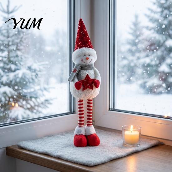 Festive Party Supplies Christmas Plush Snowman with Extendable Legs, Sequins Hat Holding Star Decor Doll, Standing Long Legs Xmas Decoration