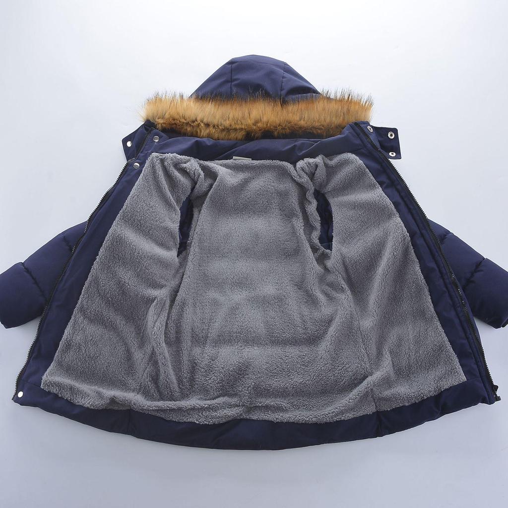 Зимнее пальто для мальчиков в корейском стиле: Плотный пуховый хлопок, на бархатной подкладке, средней длины, для детей постарше