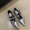Fashion 2024 New Style Silver Leather Shoes Fashion Pointed Low Heel Mary Jane Women's Casual Shoes
